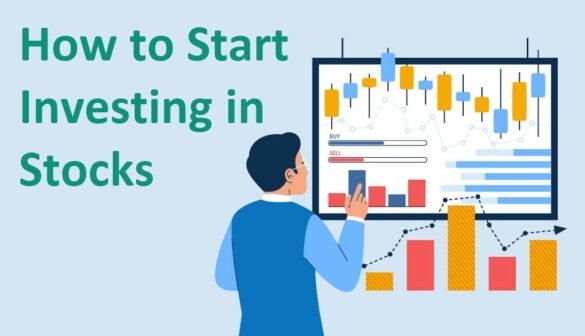 Step-by-step guide on how to start investing in stocks, featuring a person researching stock market tips on a laptop with financial graphs and charts displayed.