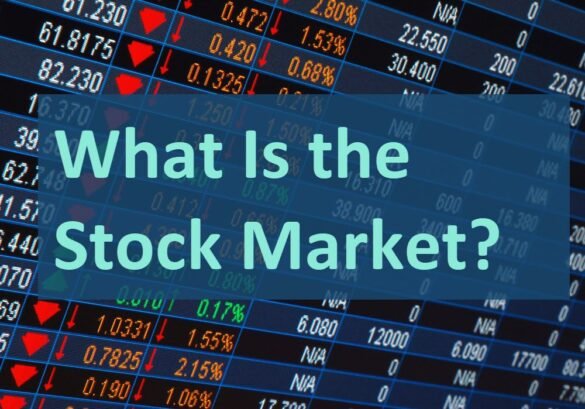 Illustration explaining what the stock market is, featuring graphs, stock tickers, and a diverse group of investors analyzing financial data.
