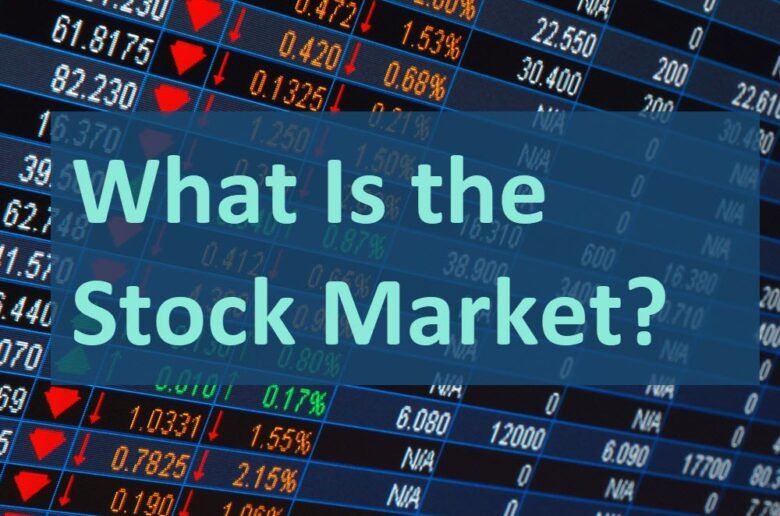 Illustration explaining what the stock market is, featuring graphs, stock tickers, and a diverse group of investors analyzing financial data.